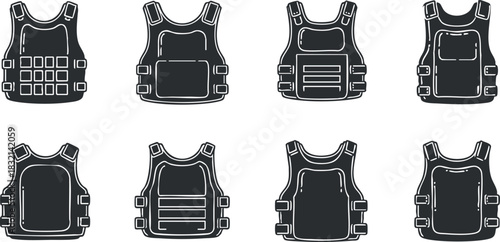 A collection of tactical vests in black and white outline vector style, suitable for military and security design projects