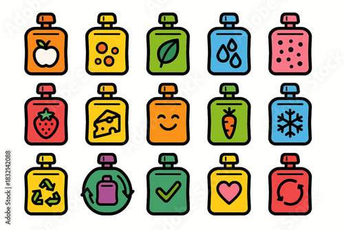 Colorful icon set of recyclable food and drink containers with symbols
