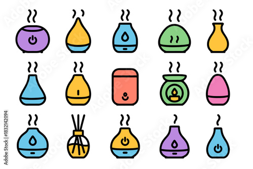 Colorful aromatherapy diffusers collection with various designs and shapes