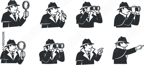 A collection of detective icons including a magnifying glass, binoculars, and various observing poses in black and white vector style, suitable for mystery and investigation themes