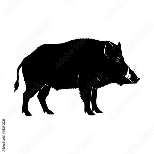 A black silhouette of a wild boar standing on a white background side view