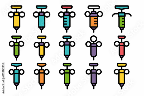 Colorful cartoon syringes in various designs and arrangements