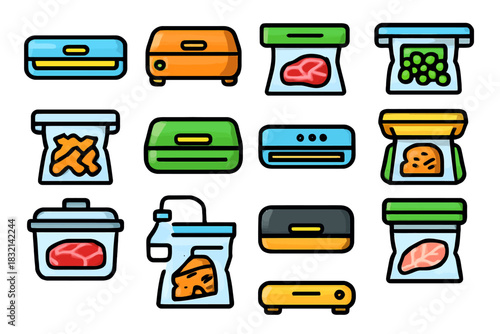 Collection of vacuum sealers and sealed bags with food items in colorful designs