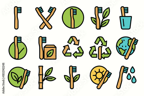 Sustainable bamboo toothbrush icons and eco-friendly symbols for green living