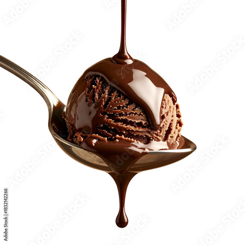 Chocolate ice cream scoop on spoon, with pouring dark chocolate, on black background