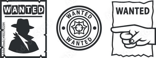 A collection of wanted posters featuring a detective silhouette, a badge-style emblem, and a hand holding a notice in black and white vector style, ideal for crime-themed projects