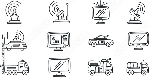 A collection of communication and technology icons including antennas, computers, and vehicles in minimalist line art vector style, suitable for tech-related projects and designs