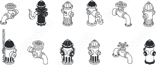 A collection of fire hydrants in black and white outline vector style, ideal for urban infrastructure design and safety graphics
