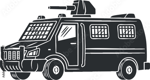 An illustration of an armored military transport vehicle in black and white vector style, suitable for security and defense designs