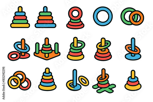 Colorful geometric stacking rings and circle toys in various arrangements
