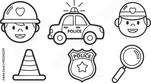 A collection of police-themed icons including a police car, badge, safety cone, and smiling characters in black and white outline style, ideal for educational materials