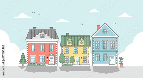 Modern Flat Design Apartment Building with Rooftop Terrace Vector Illustration