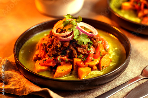 Delicious Gourmet Curry Bowl with Vegetables and Fresh Herbs