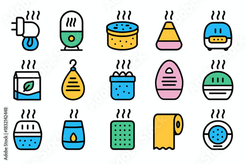 Colorful assorted humidifier icons with steam and various shapes