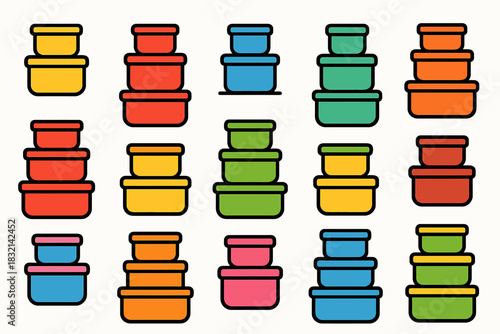 Colorful stacked containers in vibrant rows on white background