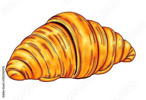 A rustic, hand-drawn illustration of a golden-brown croissant with visible layers and flaky texture,  vintage,  drawing