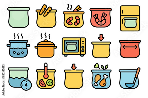 Colorful cooking icons: pots, pans, ingredients, and appliances in flat design