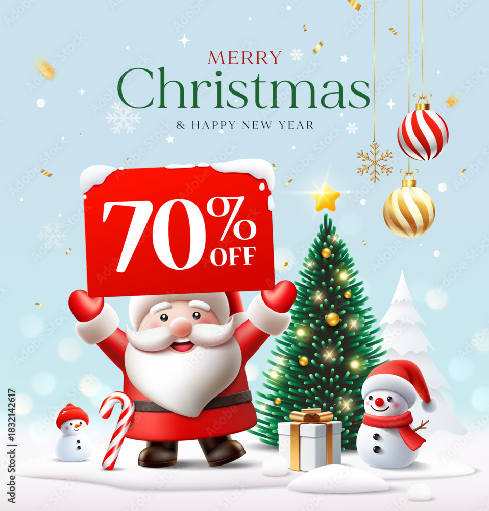 Naklejka premium Merry Christmas and happy new year sale, Santa Claus and snowman on snow poster design blue background