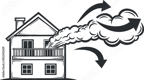 A house with arrows indicating airflow and emission in minimalist black and white vector style, ideal for environmental design and sustainability concepts