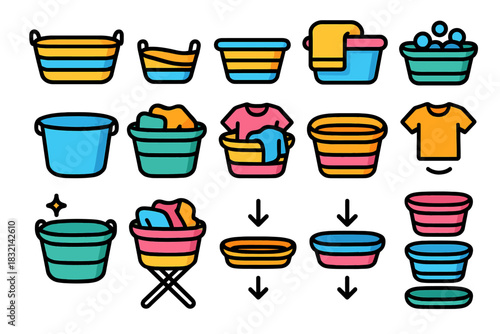 Colorful line art of laundry baskets and clothing icons