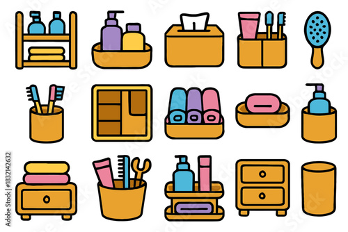 Bathroom essentials collection with pastel tones in wooden containers