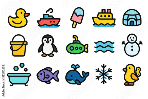 Playful icons: duck, boat, ice cream, penguin, submarine, snowman