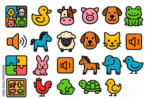 Colorful animal icons and symbols for kids' learning apps