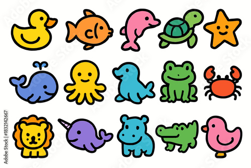 Colorful cartoon sea and land animals for kids