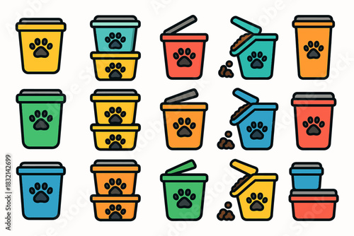 Colorful pet food containers with paw prints in various arrangements