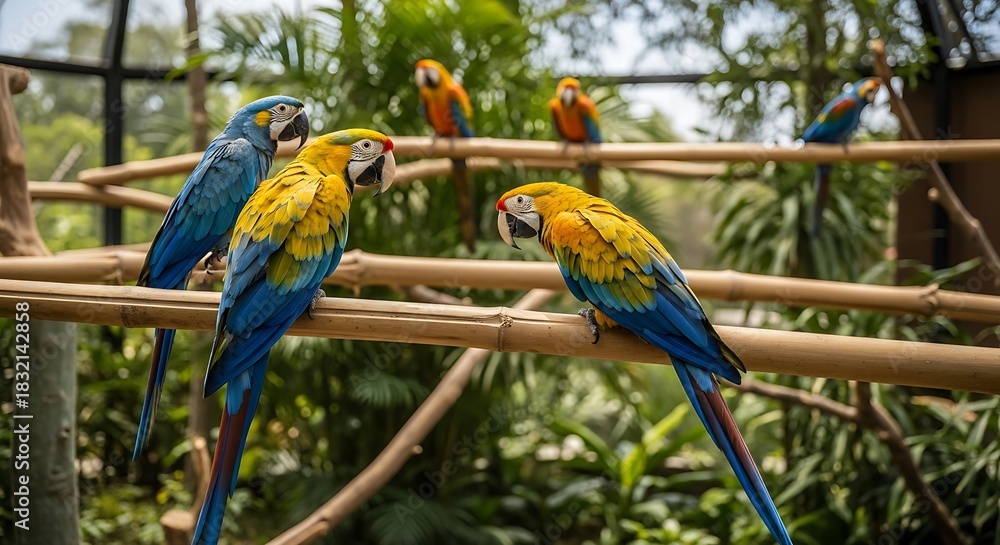 Obraz premium Vibrant Blue and Yellow Macaws Perched on Wooden Branches in a Lush Green Aviary.