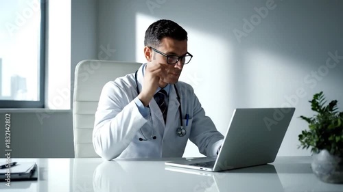 Doctor types on a laptop at desk in his light filled office