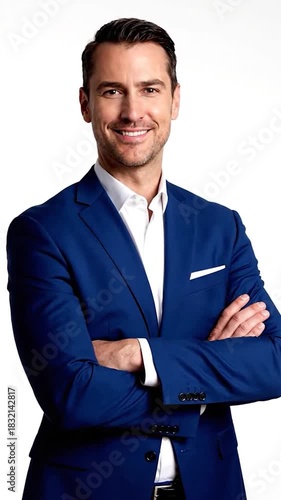 Man in blue suit smiles with arms crossed. White background. Formal attire. Confident