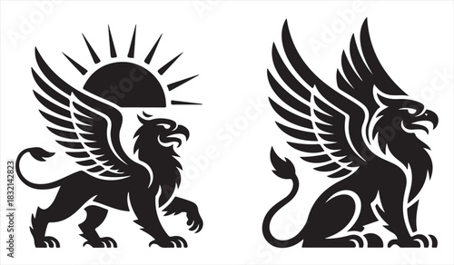Bold black vector griffins representing mythology, power, and protection