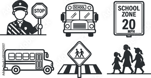 A collection of school-related traffic icons including a stop sign, school bus, and pedestrian crossing in black and white vector style, ideal for educational materials and safety signage