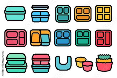 Colorful bento boxes and food containers set on white background