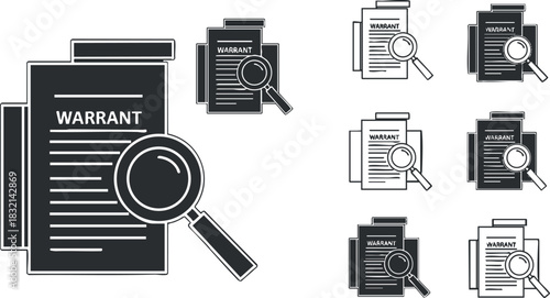 A collection of warrant documents with a magnifying glass in black and white outline vector style, suitable for legal presentations and investigations
