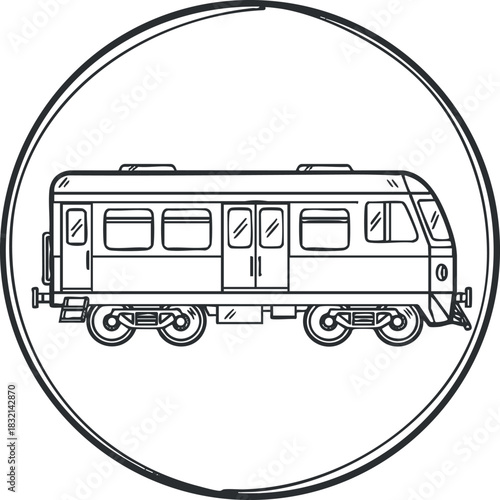 A side view of a commuter train in an outline vector style, suitable for transportation-related graphics or urban travel themes