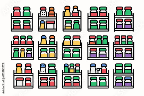 Colorful spice rack collection with various bottles and containers in neat arrangement