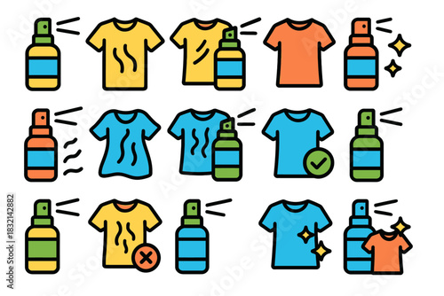 Colorful clothing and freshener spray icons for laundry and odor control