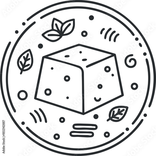 A cube of tofu surrounded by leaves and decorative elements in minimalist black and white vector style, perfect for healthy food designs