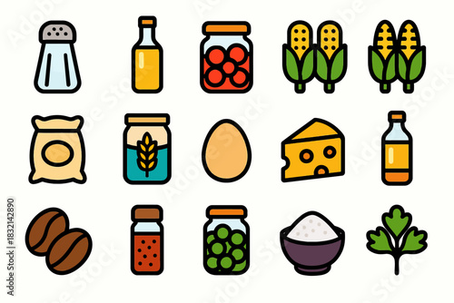 Assorted colorful food icons: salt, cheese, corn, coffee, and more