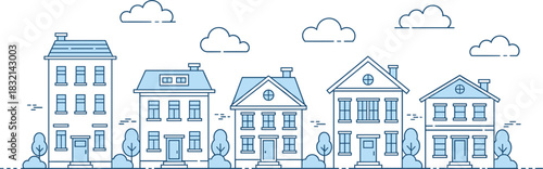 Minimal Blue Line Art Row of Suburban Houses Vector Illustration