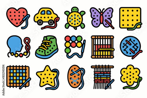 Colorful stitching cards collection for kids: heart, car, butterfly, star, and more