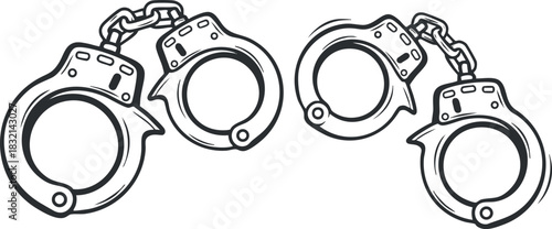 A set of handcuffs linked by a chain in outline vector style, suitable for law enforcement and legal design projects