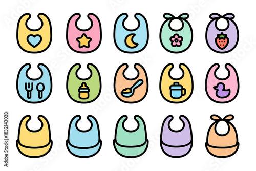 Colorful baby bib set with various designs including hearts, stars, and animal motifs