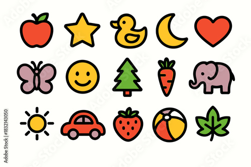 Colorful icon set featuring nature, animals, and everyday objects