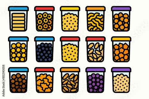 Colorful containers with various snacks in cartoon style