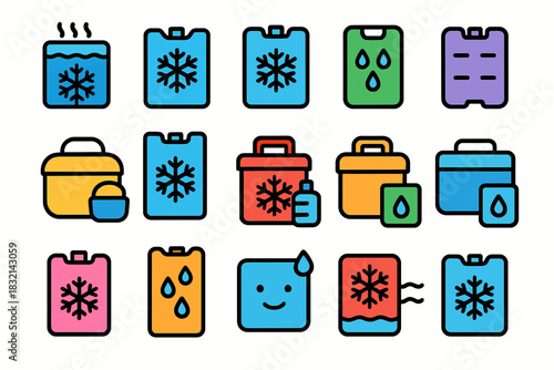 Colorful ice pack icons for various cooling and freezing applications