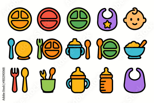 Colorful baby feeding set with utensils, plates, and bottles in bright design