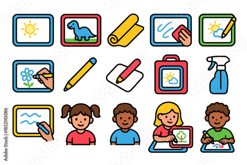 Children engaging in creative art activities with drawing supplies and colorful artworks